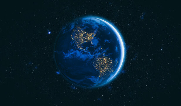 Planet earth globe view from space showing realistic earth surface and world map as in outer space point of view . Elements of this image furnished by NASA planet earth from space photos. © Blue Planet Studio