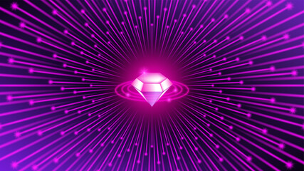 Bright glowing radiant purple poster. 3D shiny precious diamond with highlights and circles