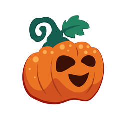 Halloween pumpkin with smile on face, vector illustration isolated on white background. Orange jack-o-lantern for Halloween party invitation or greeting card. Smiling carved face on Halloween squash