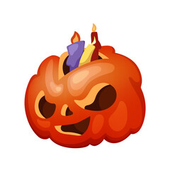 Cute Halloween pumpkin character with angry face, vector illustration in cartoon style. Halloween character jack-o-lantern for greeting card, board game, party invitation. Creepy pumpkin carved face