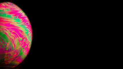 Abstract background planet. Globe planet earth in galaxy universe space with sun on black background. Abstract colorful soap bubble.