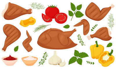 Set of grilled chicken and vegetables.Chicken legs, wings, thighs, whole chicken, tomatoes, peppers,garlic, sauces, leaves, green twigs. Flat cartoon style. Color vector illustration isolated on white