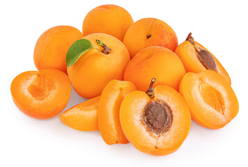 Apricots Collection. Fresh Apricats with leaf isolated on a white background, half and slice.