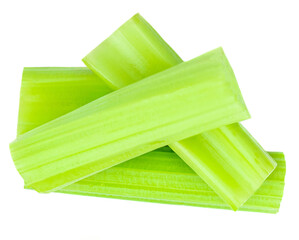 Fresh Celery isolated on white background. Cutted Celery sticks. Top view.