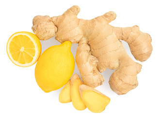 Fototapeta na wymiar Ginger root with Lemon fruit. Fresh ginger rhizome with slices isolated on white background. Top view.