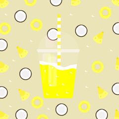Illustration of a plastic glass of smoothies. Refreshing and healthy pineapple, coconut mixed into one