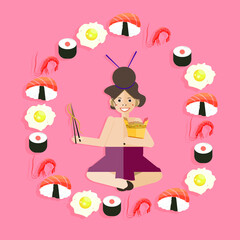 Japanese Sumo  eating wok and sushi rolls with rice shrimp salmon