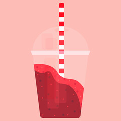 illustration sticker smoothie raspberry basil banana in transparent plastic glass on pink background