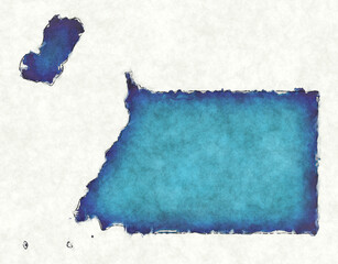 Equatorial Guinea map with drawn lines and blue watercolor illustration