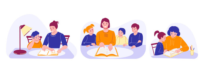 Set of vector illustrations about home schooling. Tutor, mother teaches lessons with children. Flat style. Isolated on a white background.