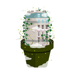 fairytale house castle surrounded by greenery shining glare of plants as a postcard or as an illustration for a book