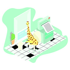 Giraffe at work in the office behind a computer on a light blue background