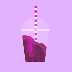 illustration sticker smoothie blackberry banana lime in transparent plastic glass on fiolet background