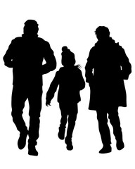 Families with little child walking on street. Isolated silhouettes of people on white background