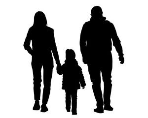 Families with little child walking on street. Isolated silhouettes of people on white background