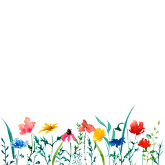 Watercolor meadow flowers border for invitations, greeting cards, business cards, branding, cups and paper print, decorations, invitations in simple childlike but sophisticated manner.
