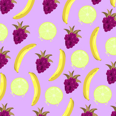 illustration pattern banana blackberry lime mix on a purple background