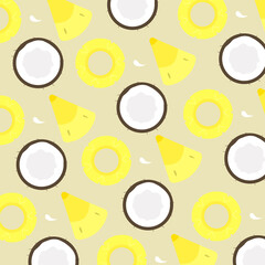 illustration pattern tropical coconut pineapple slices on beige background