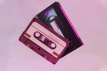 audio cassette and video tape on background. VHS video tape background. audio cassette background.