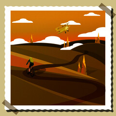 postcard landscape field and sun with a girl on a bike in green colors