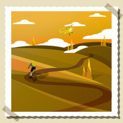 postcard landscape field and sun with a girl on a bike in green colors