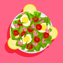 illustration sticker caesar salad with shrimp lemon rucola cherry tomatoes and egg in white plate on pink background