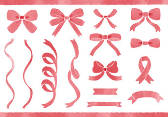手書きの水彩の赤いリボンのベクターイラスト素材セット