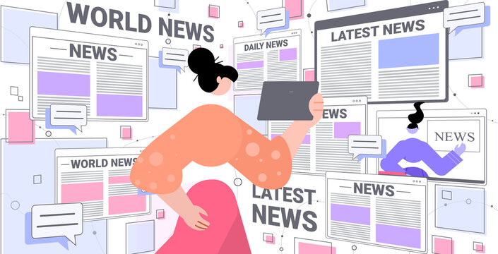 woman reading daily news on tablet pc newspaper press network concept horizontal