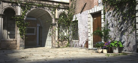 Fototapeta na wymiar 3D illustration of a cozy courtyard in the Italian style. Ancient stone houses in the rays of the bright midday sun. Beautiful authentic cityscape.