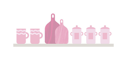 Wooden shelf with kitchen utensils. Vector flat style kitchen dishes. Pastel colors plates, jars, bottles.