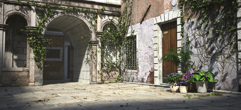 3D illustration of a cozy courtyard in the Italian style. Ancient stone houses in the rays of the bright midday sun. Beautiful authentic cityscape.