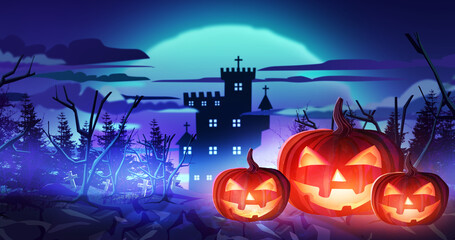 Three pumpkins lantern decorate on ground in graveyard which have background silhouette castle and big moon on night sky for halloween night concept, illustration picture.