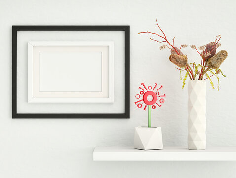 Mock up poster frame within picture frame on plaster wall with ceramic vase with flowers and digital flower in a pot; landscape orientation; stylish frame mock up; 3d rendering, 3d illustration