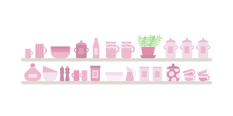 Kitchen utensils on shelf. Cup, bowl, plate, dish, sugar basin, salt and pepper, bottle, glass, coffee cup, jar. Kitchen tools vector set. Pastel colours flat style dishes.
