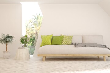 White living room with sofa and summer landscape in window. Scandinavian interior design. 3D illustration