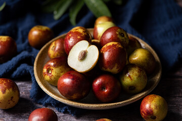 fres sliced chinese jujubes on wood background