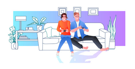 young couple using joysticks playing video games people spending time together at home living room interior