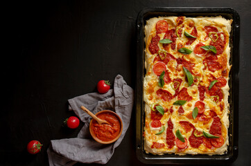 Detroit-style pizza. Square pepperoni pizza with sauce.