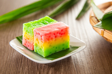 Kuih Lapis Ubi with rainbow color, traditional Malaysian Nyonya sweet cake.