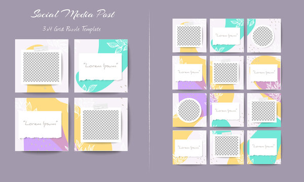 Social media feed post template in grid puzzle style with organic shape background