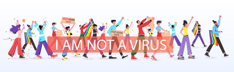 stop asian hate mix race activists in masks protesting against racism support people during coronavirus pandemic