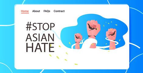activists holding raised up fists against racism stop asian hate support people during covid-19 coronavirus pandemic