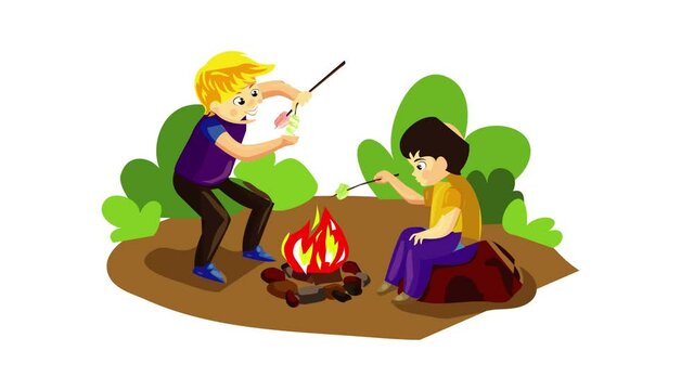 Boys make marshmallow on fire concept animation