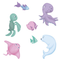 Cute sea creatures and animals on white background - fish, octopus, turtle, seal, manta ray.  Digital illustration.