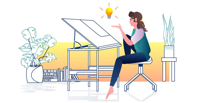 architect drawing on adjustable board panning project new creative idea concept draftsman studio interior full length horizontal vector illustration