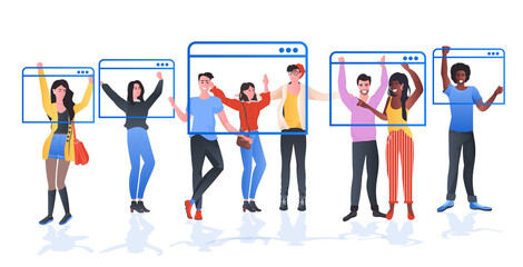 mix race friends in web browser windows chatting during video call virtual conference online communication