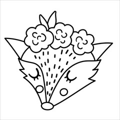 Vector black and white cute wild animal face with flowers on head and closed eyes. Boho forest avatar. Funny fox illustration for kids. Woodland line icon isolated on white background..