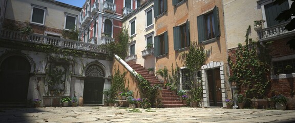 Naklejka premium 3D illustration of an ancient city street in the Italian style. Ancient stone houses in the rays of the bright midday sun. Beautiful authentic urban landscape.