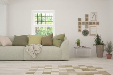 White living room with sofa and summer landscape in window. Scandinavian interior design. 3D illustration
