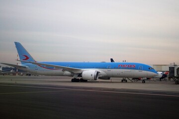 2020.12.27 Milan Malpensa Airport, Neos airline in flight in Italy,  plane stopped in the rest area waiting for passengers